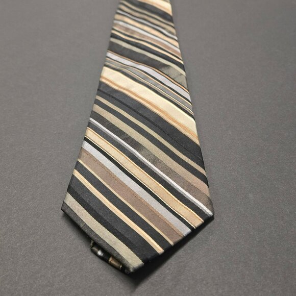 Perry Ellis Portfolio Mens Striped Classic Silk Tie Black Beige Brown 58" - Picture 2 of 6